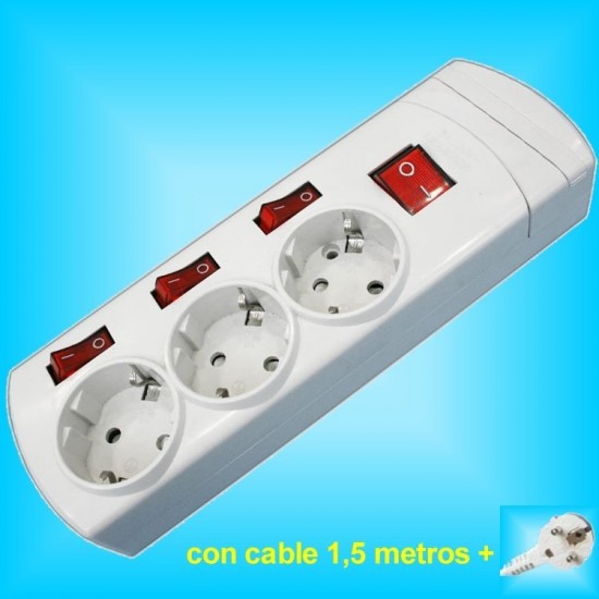 Base  3 Tomas Enchufes con 3x Interruptores individuales y 1,5m