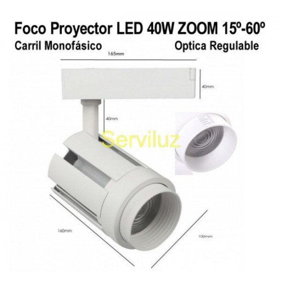 Foco LED Carril 40W Monofásico Optica regulable 15º a 60º 6000K